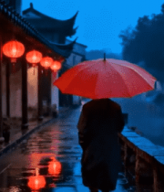 雨中撑伞漫步古街场景14714#横屏 