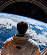 宇航员在空间站内眺望地球2214#横屏 