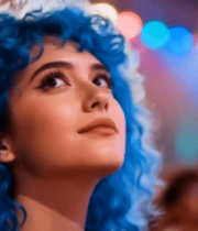 蓝发女子在演出场所仰头观看3352#横屏 