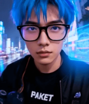 蓝发青年街头持相机拍摄7365#横屏 