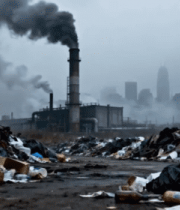 	 垃圾场旁工厂烟囱排放烟雾8936#横屏 