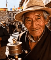 拉萨老人手持转经筒街头场景9452#横屏 