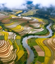 空中俯瞰多彩梯田与河流13513#横屏 