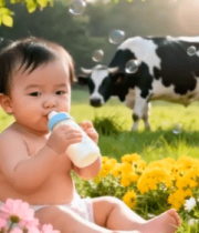 婴儿花丛中喝奶奶牛相伴10710#横屏 