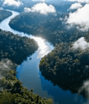 	 空中俯瞰森林河流云雾景观13800#横屏 