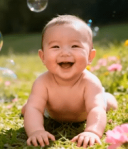 婴儿草地花丛中玩泡泡15036#横屏 