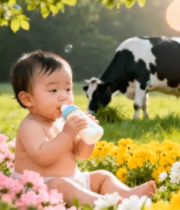 婴儿花丛中喝奶背景有奶牛14222#横屏 
