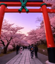 樱花树下日式牌坊行人景象14444#横屏 