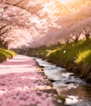 樱花盛开的溪边春日美景4650#横屏 