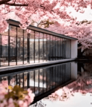 樱花环绕的现代建筑与水景10455#横屏 