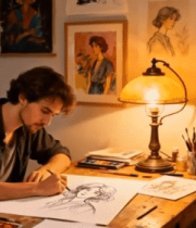 艺术家在工作室绘画创作3631#横屏 