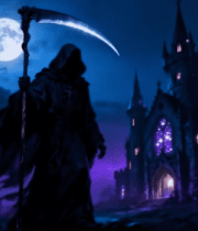 夜晚死神持镰刀站在城堡前2290#横屏 