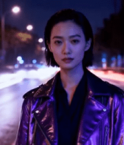 夜晚街头女子穿皮夹克静立14840#横屏 