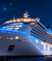 夜晚港口大型游轮停靠画面12514#横屏 