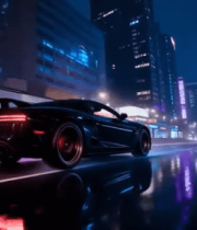 夜晚城市街道行驶的黑色跑车13364#横屏 