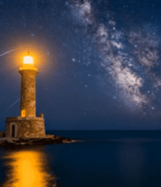 夜晚海边发光灯塔星空素材10936#横屏 