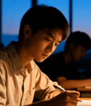夜晚灯下学生伏案书写场景13638#横屏 