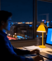 夜晚办公室男性职员电脑前工作5235#横屏 