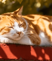 橘白猫咪阳光下趴在红墙边14870#横屏 