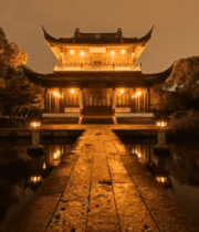 夜间中式古建筑水景画面7654#横屏 