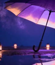 夜空下带灯的紫色雨伞4277#横屏 