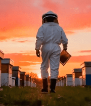 养蜂人夕阳下手持蜂巢行走664#横屏 