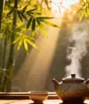 窗边茶壶茶杯与竹林景致3782#横屏 