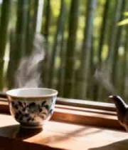 窗边茶壶茶杯与竹林风景1506#横屏 