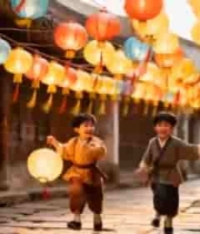 古装孩童提灯笼奔跑在古巷2905#横屏 