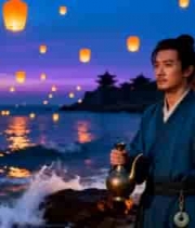古装男子海边持壶放孔明灯1964#横屏 