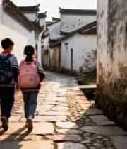 孩童行走在徽派建筑小巷4031#横屏 