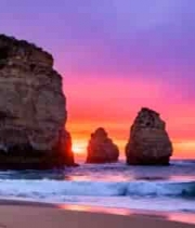 海边日落时分的礁石与海浪3029#横屏 