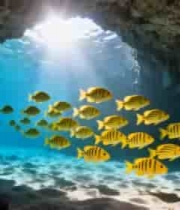 海底洞穴中游动的黄色鱼群1718#横屏 