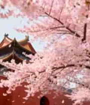 红墙古建筑旁盛开的樱花4258#横屏 