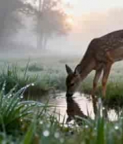 清晨小鹿在草地饮水画面2018#横屏 