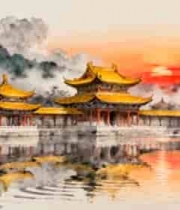 水墨古风古建筑湖面风景3125#横屏 