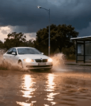 汽车雨中行驶积水路段6577#横屏 