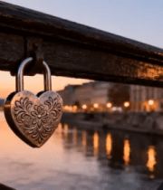 桥上心形锁与日落景观4465#横屏 