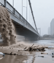 桥梁下洪水倾泻流淌景象5273#横屏 