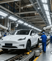 汽车工厂生产线工人与机械臂作业8262#横屏 