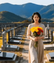 女子墓地手持鲜花神情哀伤13546#横屏 