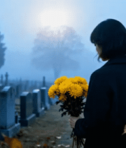 女子墓地手持菊花背影13691#横屏 