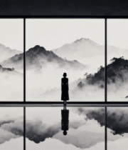 女子赏中式水墨山水风景5933#横屏 