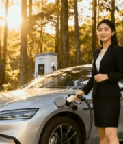 女子在林间为新能源汽车充电6863#横屏 