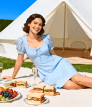 女子户外草坪帐篷前野餐5701#横屏 