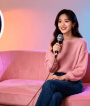 女性坐沙发持麦克风录制素材5907#横屏 