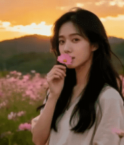 女子花海中闻花夕阳美景6007#横屏 