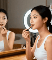 女性在家中镜子前化妆3944#横屏 