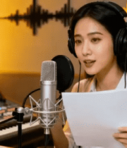 女性在录音室对着麦克风录音12485#横屏 