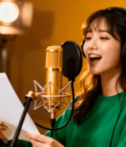 女性录音室对麦克风演唱11375#横屏 